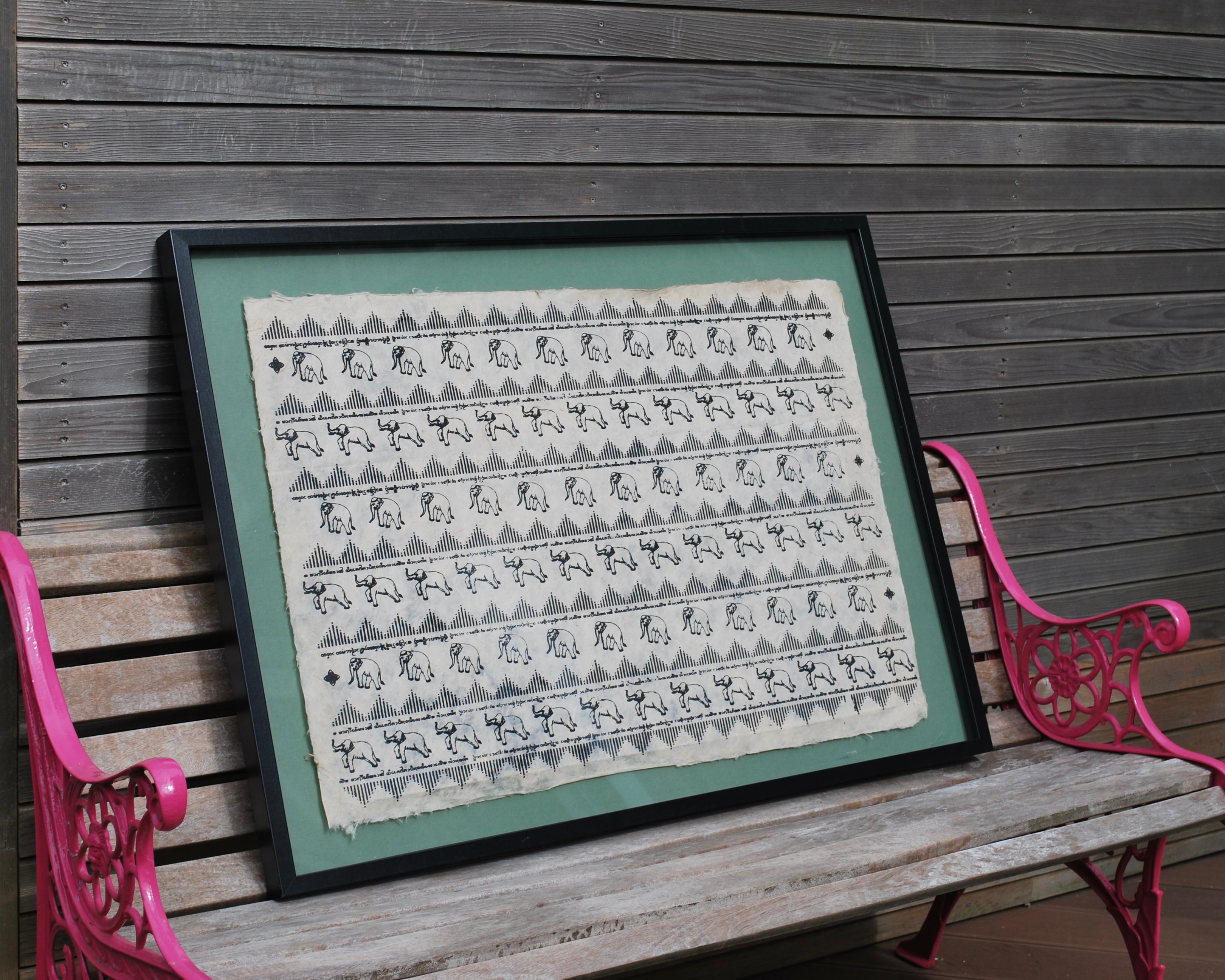 Vintage elephant print float framed on sage green mountboard