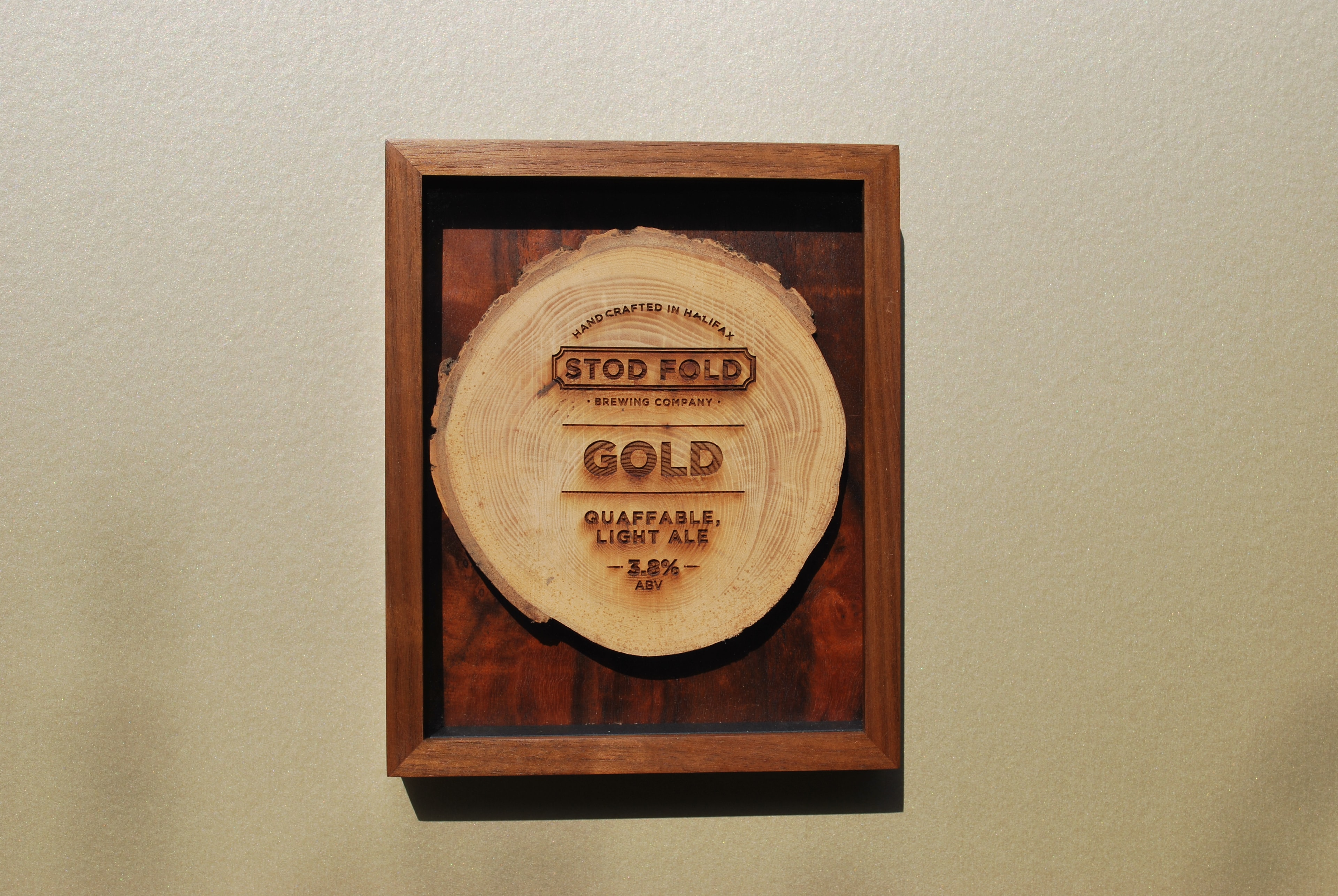 Stod Fold wooden pump clips, mounted on custom walnut burr mountboard